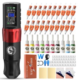 Wormhole Tattoo Gun Kit Wireless Tattoo Machine Kit Cordless Tattoo Pen Kit Pen-type Tattoo Machine Kit Complete with Tattoo Ink for Professional Artist Beginners WTK283