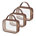 Wedama TSA Approved Toiletry Bag, 3 Pack Clear Makeup Bags with Handles, Quart Size PVC Clear Cosmetic Bags for Women and Men, Carry on Airport Airline Compliant Bag, Brown