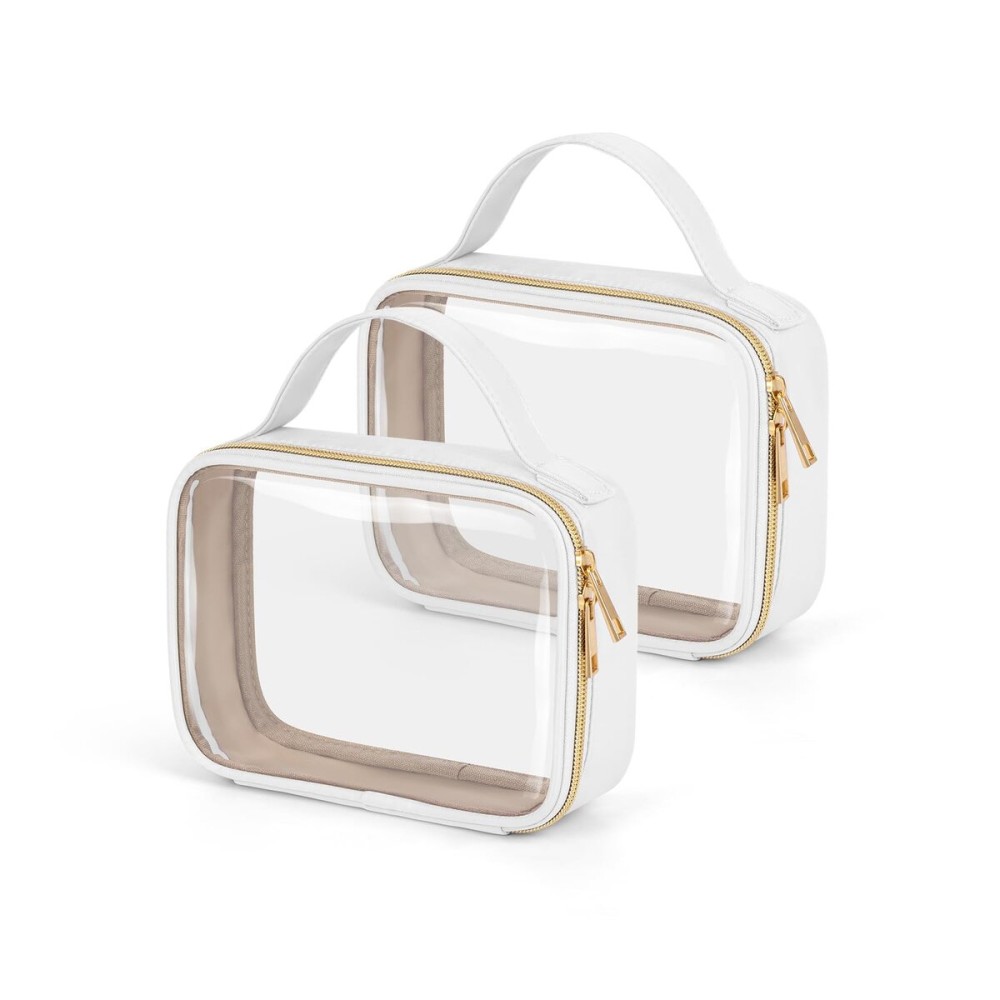 Wedama TSA Approved Toiletry Bag, 2 Pack Clear Makeup Bags with Handles, Quart Size PVC Clear Cosmetic Bags for Women and Men, Carry on Airport Airline Compliant Bag, White