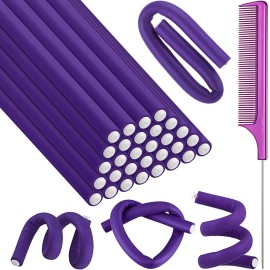 Syhood 30 Pcs Flexible Curling Rods 9.45 Twist Foam Rollers Soft Foam No Heat Hair Rods Rollers and 1 Steel Pintail Comb Rat Tail Comb for Women Long Short Hair(Purple,9.45 x 0.3 Inch)