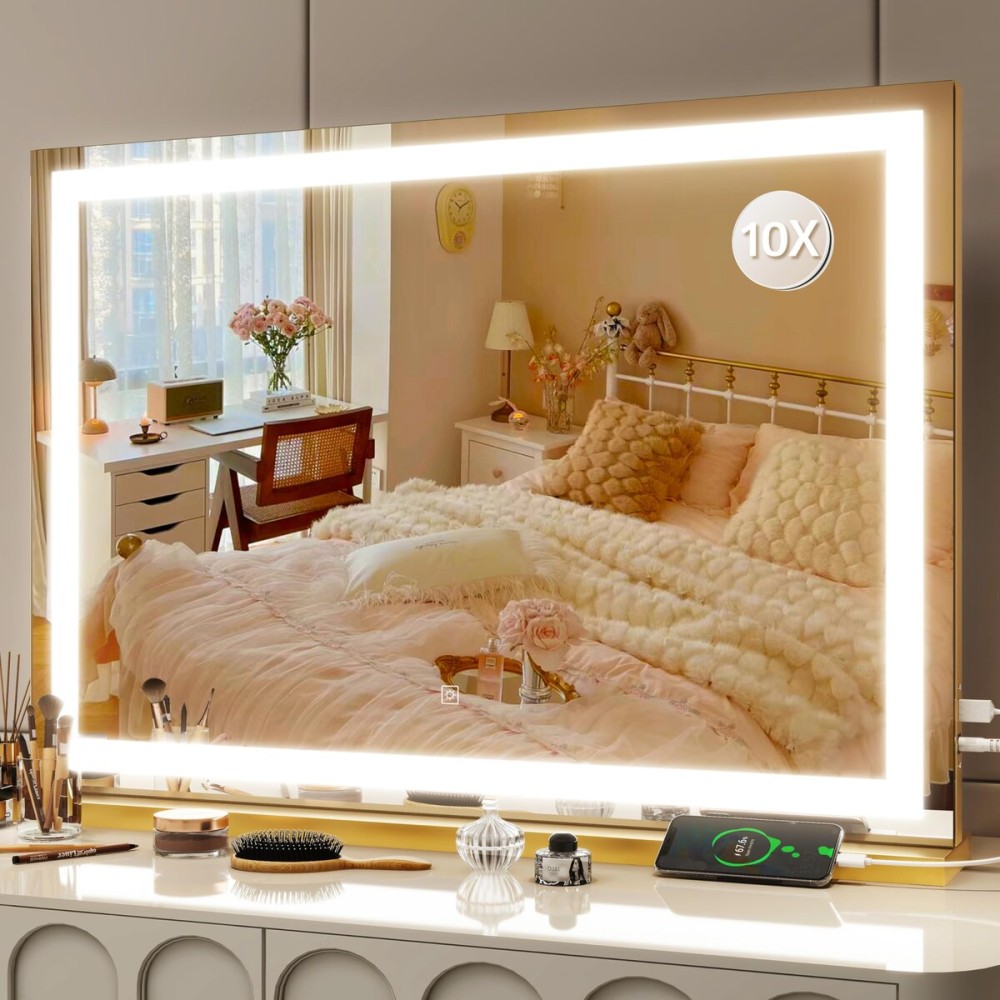 FENNIO Vanity Mirror with Lights 32x22, Lighted Makeup Mirror, Large Vanity Mirror, Touch Sensor with 3-Color Lighting, 10X Magnification and USB Charging Port for Vanity DeskSquare Gold