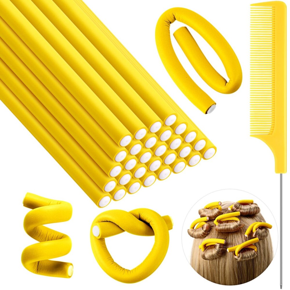 Syhood 30 Pcs 7\'\' Flexible Curling Rods Twist Foam Hair Rollers Soft Foam No Heat Hair Rods Rollers and 1 Steel Pintail Comb Rat Tail Comb for Women Long Short Hair(Yellow,7 x 0.3 Inch)