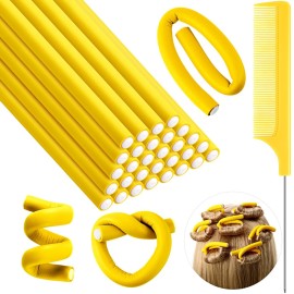 Syhood 30 Pcs 7\'\' Flexible Curling Rods Twist Foam Hair Rollers Soft Foam No Heat Hair Rods Rollers and 1 Steel Pintail Comb Rat Tail Comb for Women Long Short Hair(Yellow,7 x 0.3 Inch)