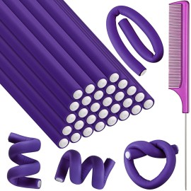 Syhood 30 Pcs 7\'\' Flexible Curling Rods Twist Foam Hair Rollers Soft Foam No Heat Hair Rods Rollers and 1 Steel Pintail Comb Rat Tail Comb for Women Long Short Hair(Purple,7 x 0.39 Inch)