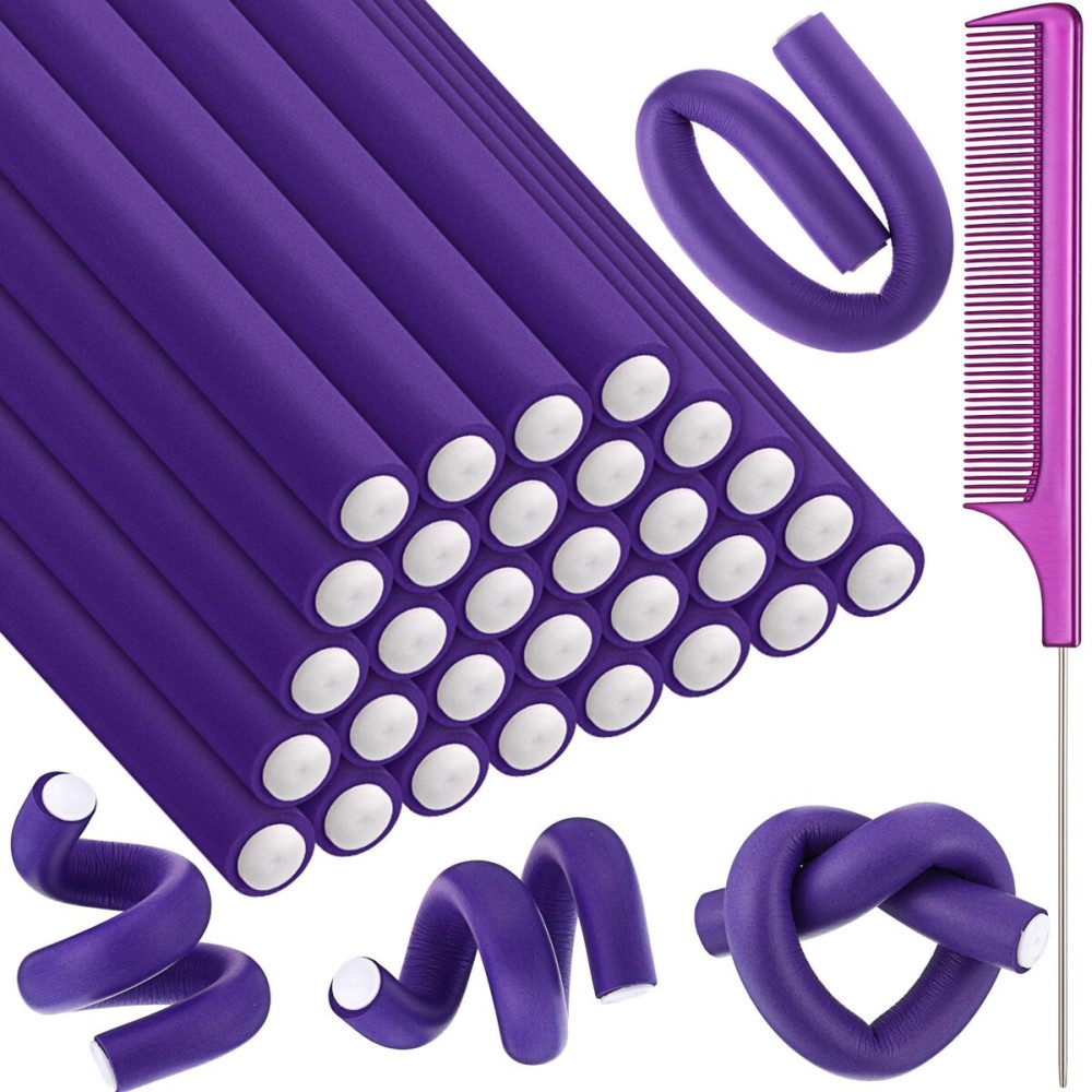 Syhood 30 Pcs 7\'\' Flexible Curling Rods Twist Foam Hair Rollers Soft Foam No Heat Hair Rods Rollers and 1 Steel Pintail Comb Rat Tail Comb for Women Long Short Hair(Purple,7 x 0.55 Inch)