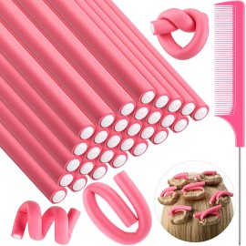 Syhood 30 Pcs 7\'\' Flexible Curling Rods Twist Foam Hair Rollers Soft Foam No Heat Hair Rods Rollers and 1 Steel Pintail Comb Rat Tail Comb for Women Long Short Hair(Pink,7 x 0.55 Inch)