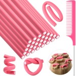 Syhood 30 Pcs 7\'\' Flexible Curling Rods Twist Foam Hair Rollers Soft Foam No Heat Hair Rods Rollers and 1 Steel Pintail Comb Rat Tail Comb for Women Long Short Hair(Pink,7 x 0.39 Inch)