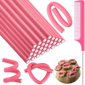 Syhood 30 Pcs Flexible Curling Rods 9.45 Twist Foam Rollers Soft Foam No Heat Hair Rods Rollers and 1 Steel Pintail Comb Rat Tail Comb for Women Long Short Hair(Pink,9.45 x 0.3 Inch)