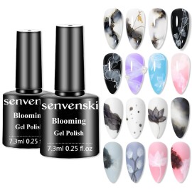 senvenski Blooming Gel Nail Polish Kit - Watercolor Marble Ink Black White Spreading Magic Blossom Effect Floral Flower Painting Nail Art Set | Manicure Gift Kit for Women Salon Home Use (YR2-002)