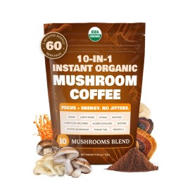 10-in-1 USDA Certified Organic Mushroom Coffee Instant, Instant Mushroom Coffee Brazilian Dark Roast for Better Energy, Focus, Gut Health, 60 Servings Regular Caffeine - ShroomDNA