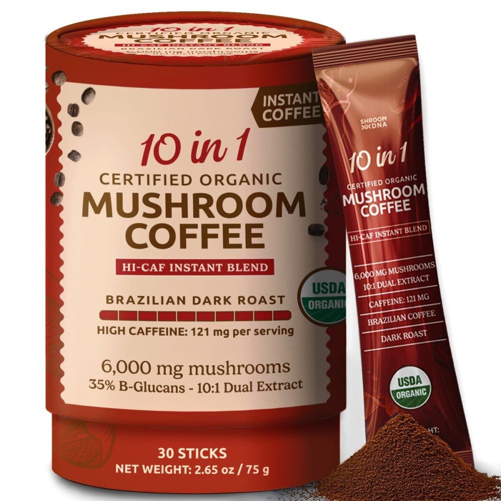 10-in-1 USDA Certified Organic High Caffeine Coffee Mushroom, Instant Mushroom Coffee HiCaf, Brazilian Dark Roast for Better Energy, Pre Workout, Gut Health, 30 Sticks - ShroomDNA