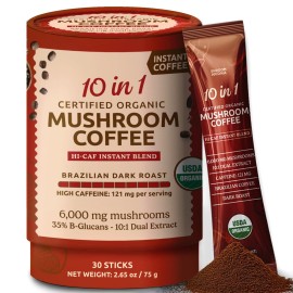 10-in-1 USDA Certified Organic High Caffeine Coffee Mushroom, Instant Mushroom Coffee HiCaf, Brazilian Dark Roast for Better Energy, Pre Workout, Gut Health, 30 Sticks - ShroomDNA