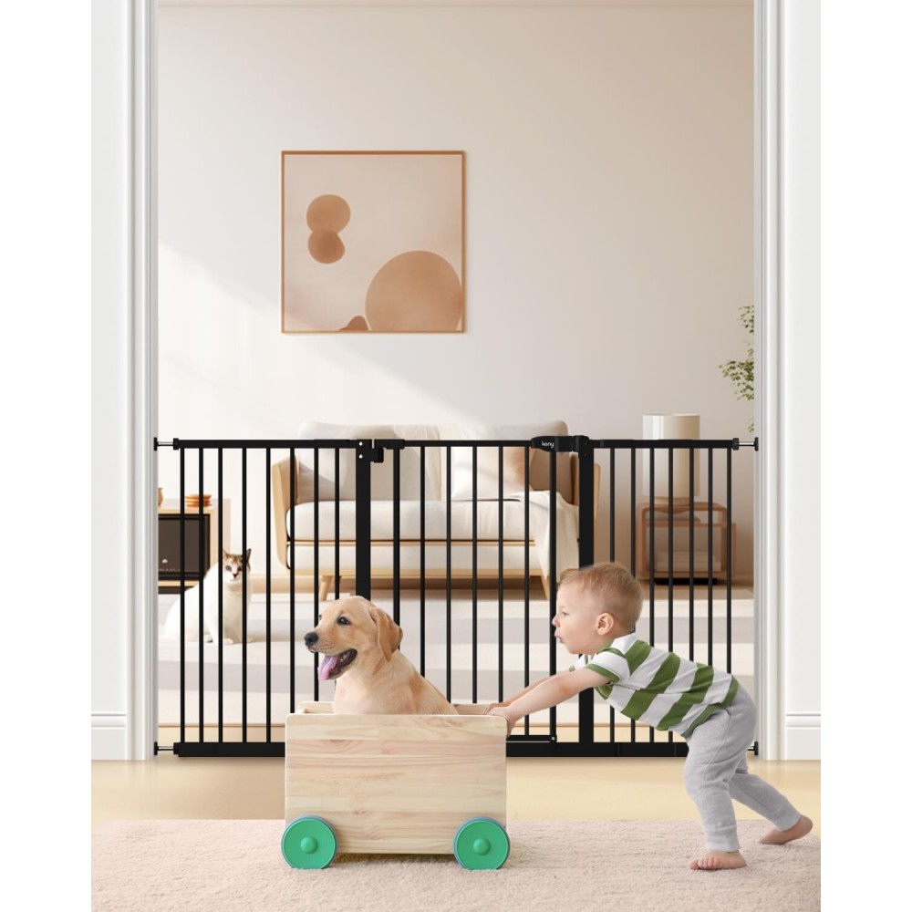 keny 29-55 Extra Wide Baby Gate, Pressure Mounted No Drilling Dog Gate for Stairs Doorways, Easy Walk Through Safety Gate for Babies or Pets, 30 Tall, Black