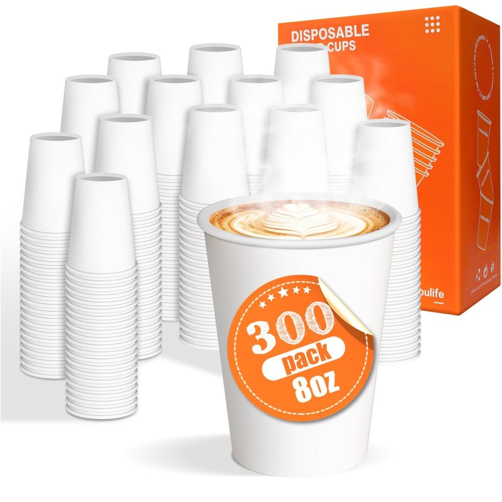 MOUMOULIFE 300 Count 8 oz Paper Cups, Disposable Coffee Cups, White Hot Beverage Cups for Water, Juice, Tea - Office Party Home Travel - Study and Durable