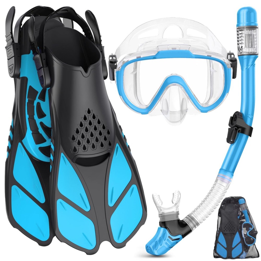 Ubekezele Snorkeling Gear for Adults Men Women,4 in 1 Snorkel Set with Panoramic View Diving Mask Anti-Fog Anti-Leak,Dry Top Snorkel,Fins and Travel Bag for Swimming,Snorkeling and Travel Diving