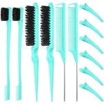Remerry 12 Pieces Hair Brush Set, Nylon Teasing Hair Brushes 3 Row Salon Teasing Brush, Double Sided Edge Smooth Comb Grooming, Rat Tail Combs with Duckbill Clips for Women(Mint Green)