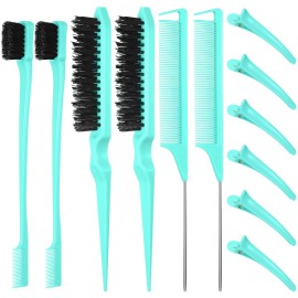Remerry 12 Pieces Hair Brush Set, Nylon Teasing Hair Brushes 3 Row Salon Teasing Brush, Double Sided Edge Smooth Comb Grooming, Rat Tail Combs with Duckbill Clips for Women(Mint Green)