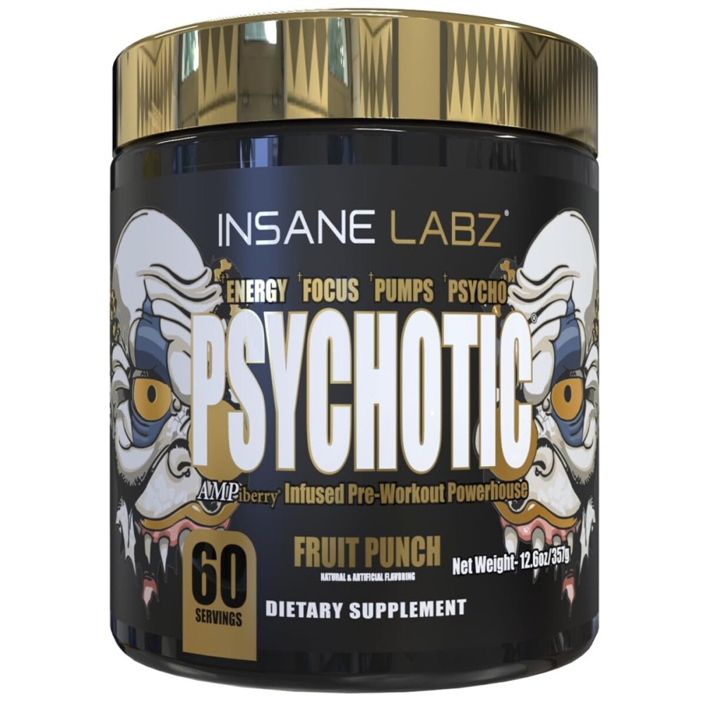 Insane Labz Psychotic Gold, High Stimulant Pre Workout Powder, Extreme Lasting Energy, Pumps and Endurance with Beta Alanine, DMAE Bitartrate, NO Booster (60 Servings, Fruit Punch)