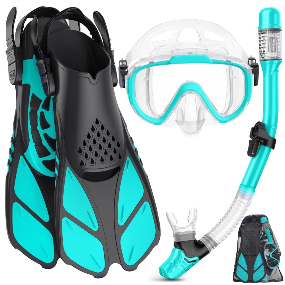 Ubekezele Snorkeling Gear for Adults Men Women,4 in 1 Snorkel Set with Panoramic View Diving Mask Anti-Fog Anti-Leak,Dry Top Snorkel,Fins and Travel Bag for Swimming,Snorkeling and Travel Diving