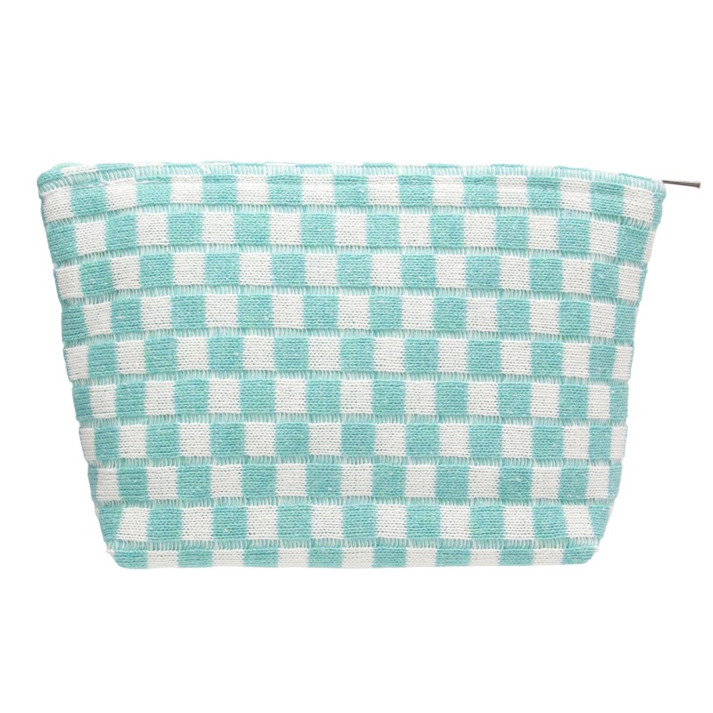 PAZIMIIK Knitted Checkered Makeup Bag Large Zipper Make Up Accessory Pouch for Purse Cosmetic Brush Bag for Travel Essential Arctic Blue