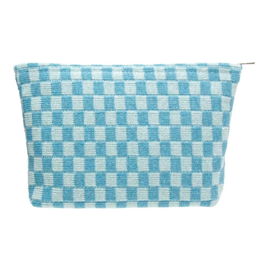 PAZIMIIK Knitted Checkered Makeup Bag Large Zipper Make Up Accessory Pouch for Purse Cosmetic Brush Bag for Travel Essential Lake Blue