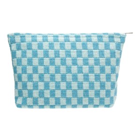 PAZIMIIK Knitted Checkered Makeup Bag Large Zipper Make Up Accessory Pouch for Purse Cosmetic Brush Bag for Travel Essential Lake Blue