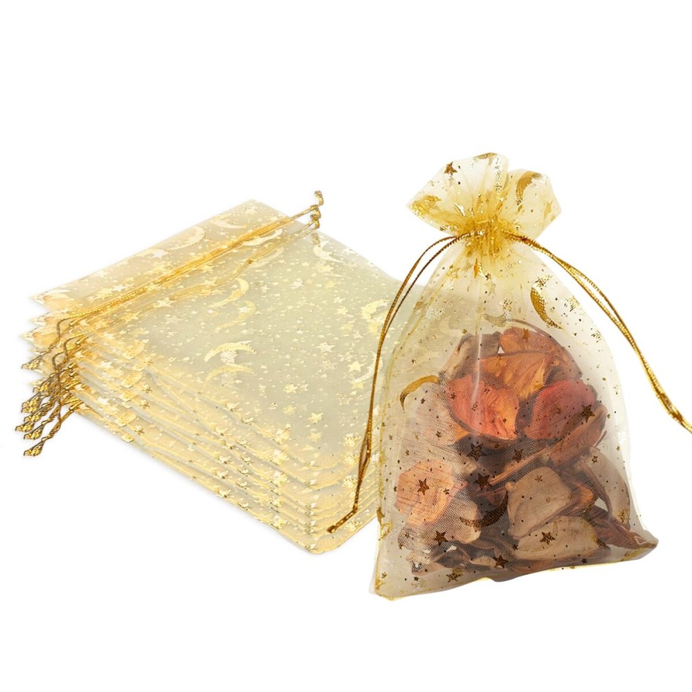 YHJZ 100PCS Moon Star Organza Bags, 4x6 inches (10x15cm) Small Mesh Bags Drawstring, Jewelry Gift Pouches for Wedding, Party, Festival, Makeup Organza Favor Bags (Gold)