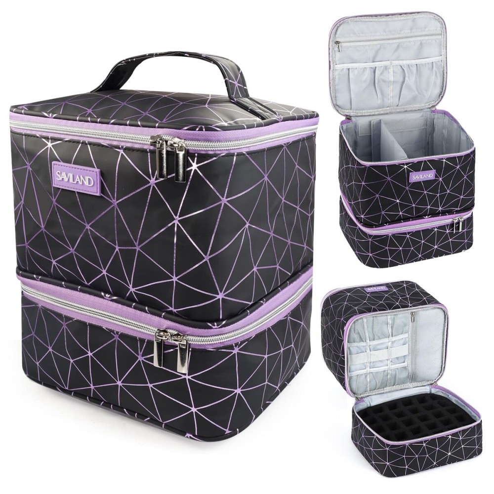 SAVILAND Nail Polish Organizer Bag: PU Leather Nail Kit Organizer Holds 30 Bottles & Nail Lamp, Black Nail Supply Organizer Nail Polish Carrying Case Gel Nail Organizers and Storage Box for Nail Tech