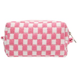 Checkered Makeup Bag for Purse Portable Zipper Make Up Pouch Small Cosmetic Case for Travel Accessories Pink White