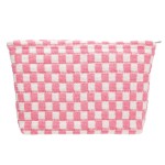 Knitted Checkered Makeup Bag Large Zipper Make Up Accessory Pouch for Purse Cosmetic Brush Bag for Travel Essential Pink White