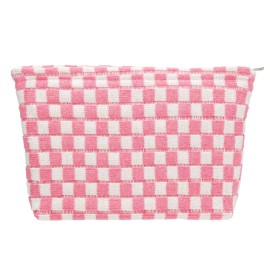 Knitted Checkered Makeup Bag Large Zipper Make Up Accessory Pouch for Purse Cosmetic Brush Bag for Travel Essential Pink White