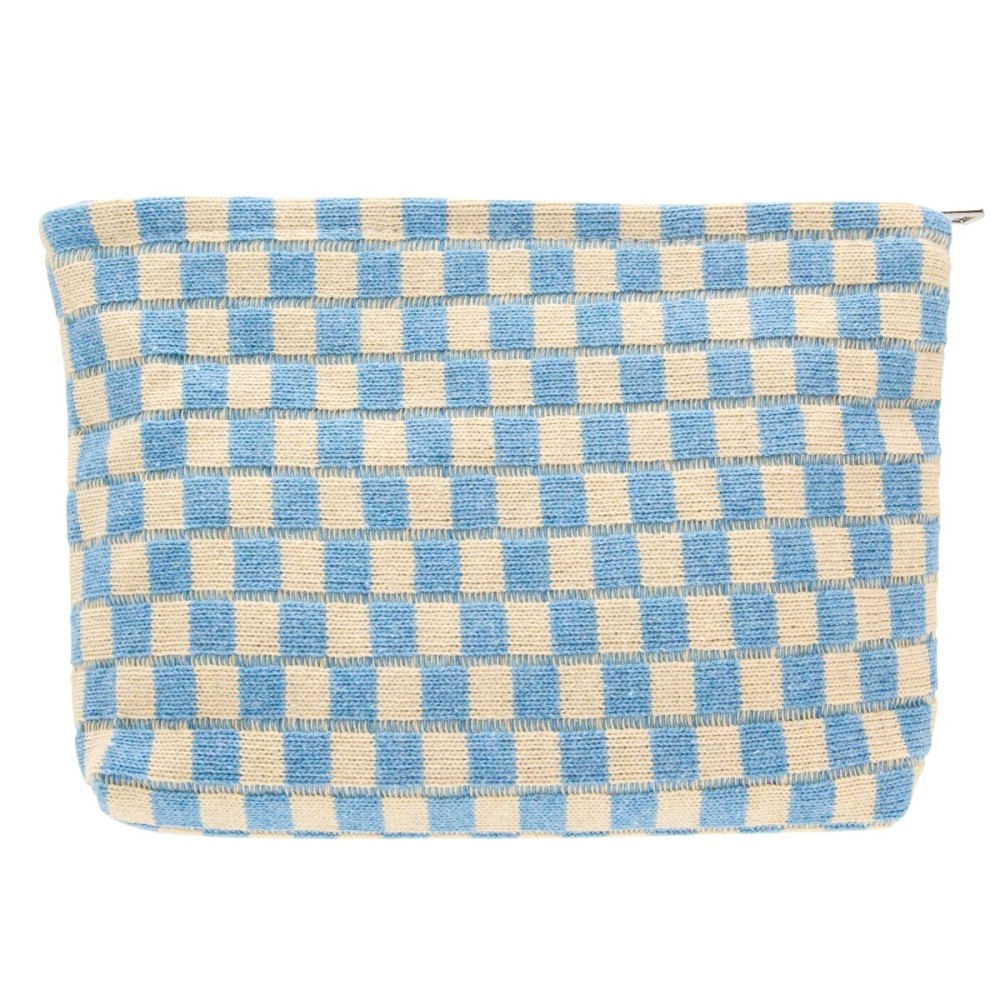 PAZIMIIK Knitted Checkered Makeup Bag Large Zipper Make Up Accessory Pouch for Purse Cosmetic Brush Bag for Travel Essential Blue Beige