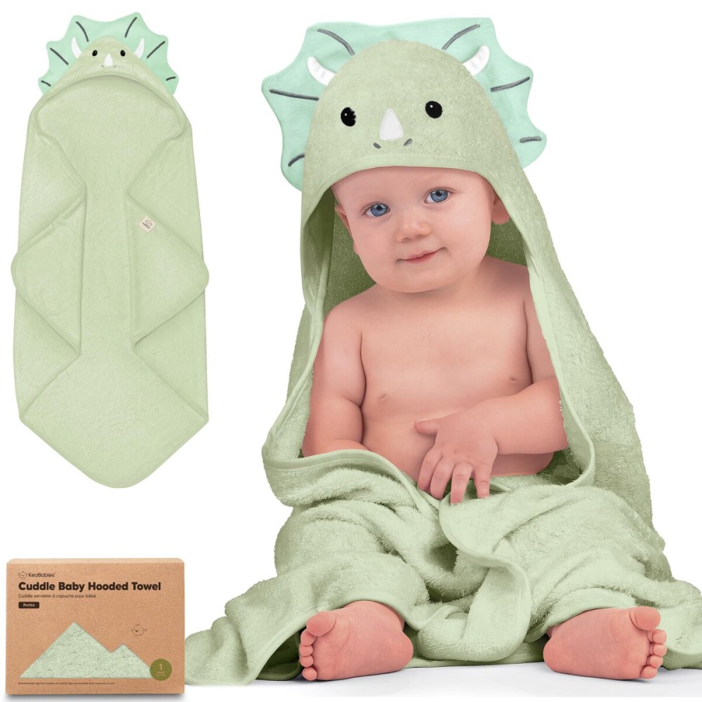 KeaBabies Hooded Baby Towel for Newborn - Viscose Derived from Bamboo Large Baby Bath Towels with Hood for Boys, Girls, Toddler, Extra Absorbent & Soft Newborn Bath Essentials (Triceratops, Petite)