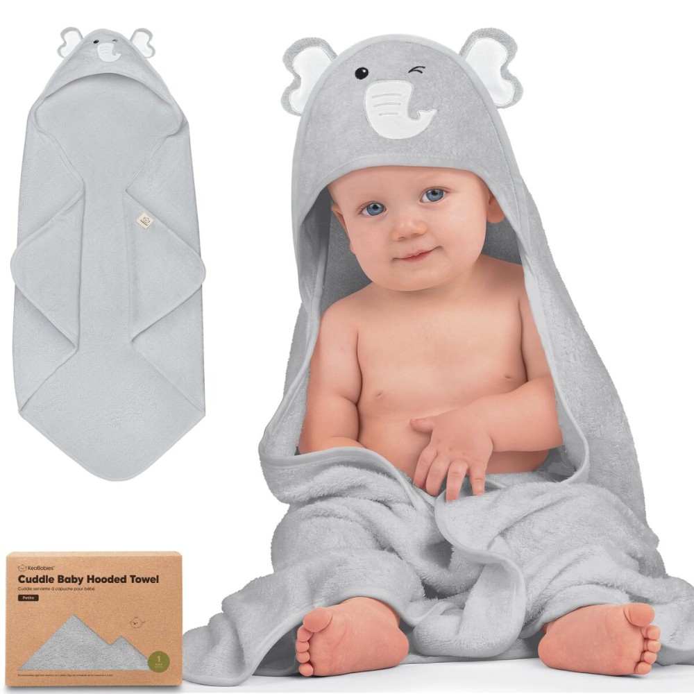 KeaBabies Hooded Baby Towel for Newborn - Viscose Derived from Bamboo Large Baby Bath Towels with Hood for Boys, Girls, Toddler, Extra Absorbent & Soft Newborn Bath Essentials (Elephant, Petite)