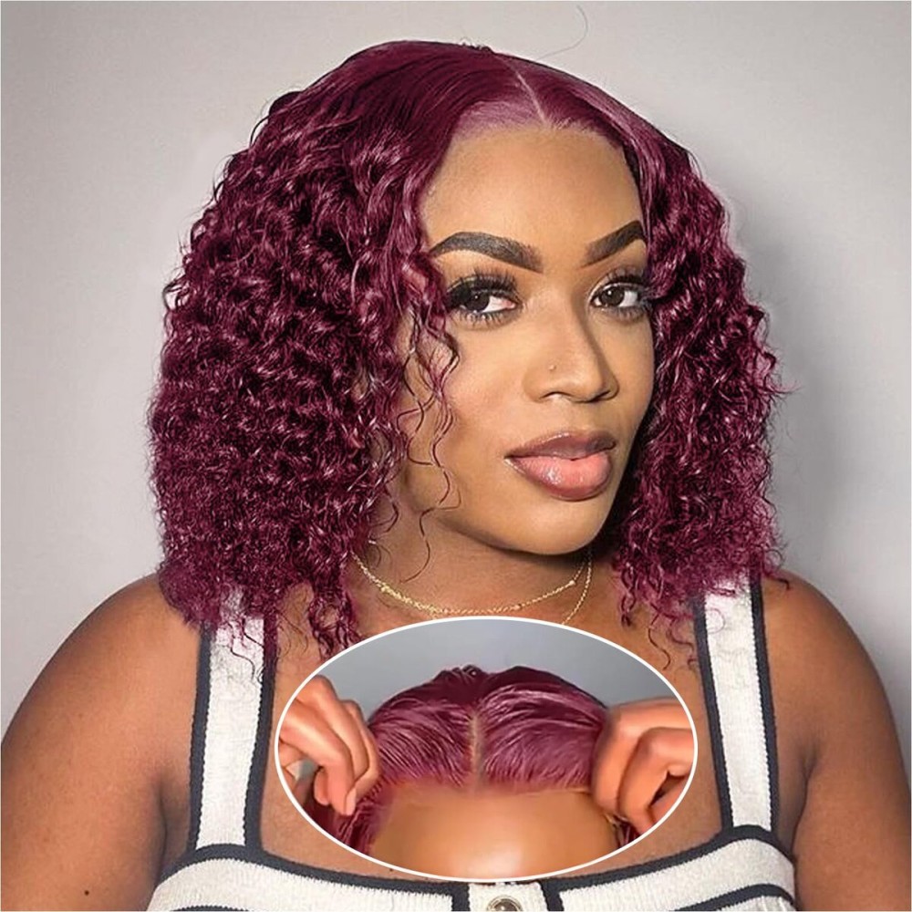 Ailwelia Curly Bob Wig Human Hair Deep Wave 200% Density 5x5 HD Lace Closure Wigs Human Hair Bob Wigs For Black Women Wear And Go Glueless Curly Wig Burgundy Color 12 Inch
