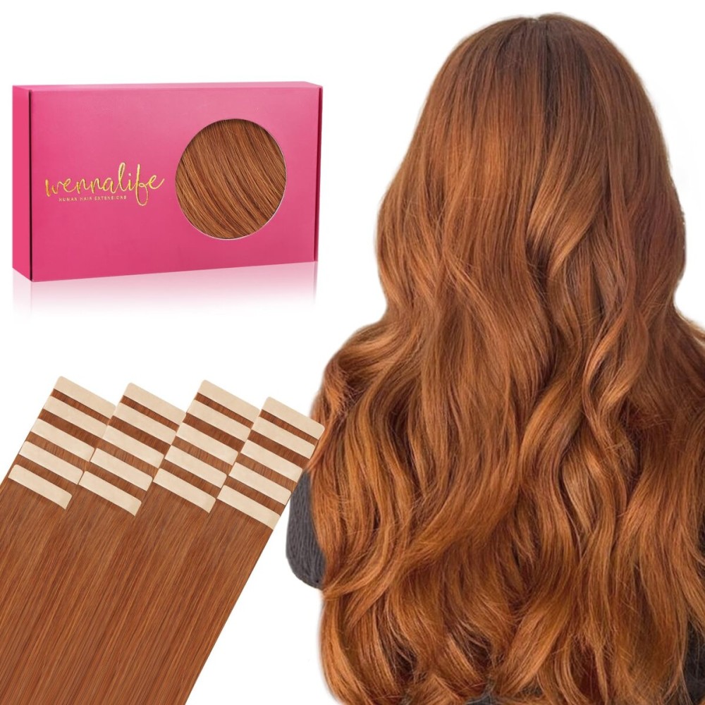 WENNALIFE Tape in Hair Extensions Human Hair, 20pcs 50g 18 inch Dirty Ginger Remy Hair Extensions Straight Human Hair Tape in Extensions Skin Weft Tape Extensions Human Hair