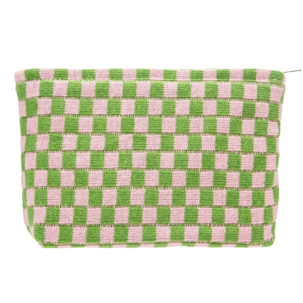 PAZIMIIK Knitted Checkered Makeup Bag Large Zipper Make Up Accessory Pouch for Purse Cosmetic Brush Bag for Travel Essential Pink Green