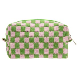 PAZIMIIK Checkered Makeup Bag for Purse Portable Zipper Make Up Pouch Small Cosmetic Case for Travel Accessories Pink Green