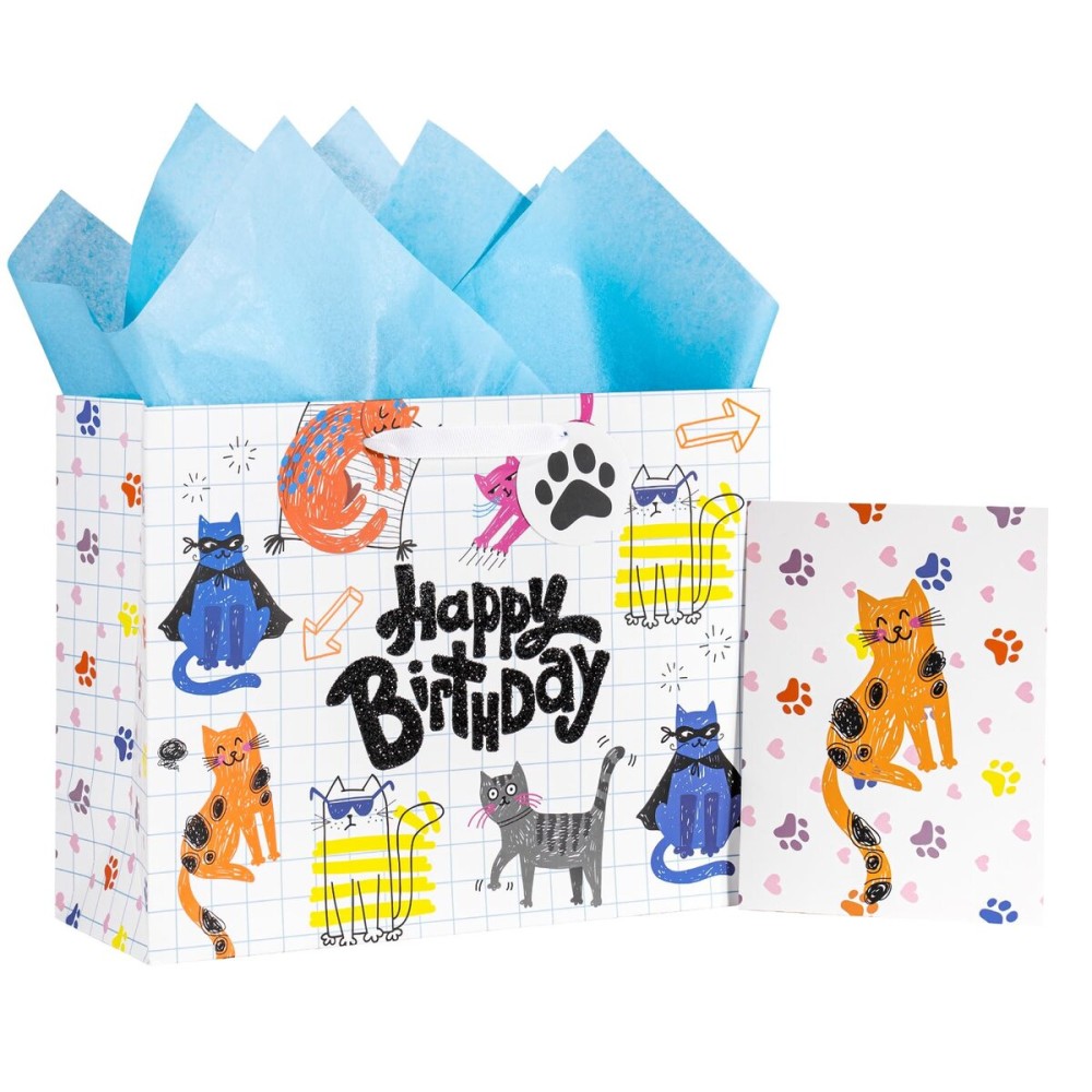 Loveinside Birthday Gift Bag for Kids, Medium Bag with Tissue Paper, Gift Tag and Greeting Card, Adorable Cat Design for Boys Kids Birthday, Party and More, 13 x 5 x 10, 1 Pcs