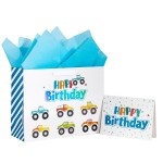 Loveinside Birthday Gift Bag for Kids, Medium Bag with Tissue Paper, Gift Tag and Greeting Card, Cartoon Truck Aand Text Design for Boys Kids Birthday, Party and More, 13 x 5 x 10, 1 Pcs