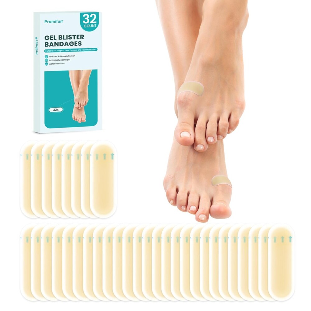Promifun Waterproof Hydrocolloid Blister Bandages - Gel Pads for Foot, Toe Healing & Prevention (32ct, Spot Pack)