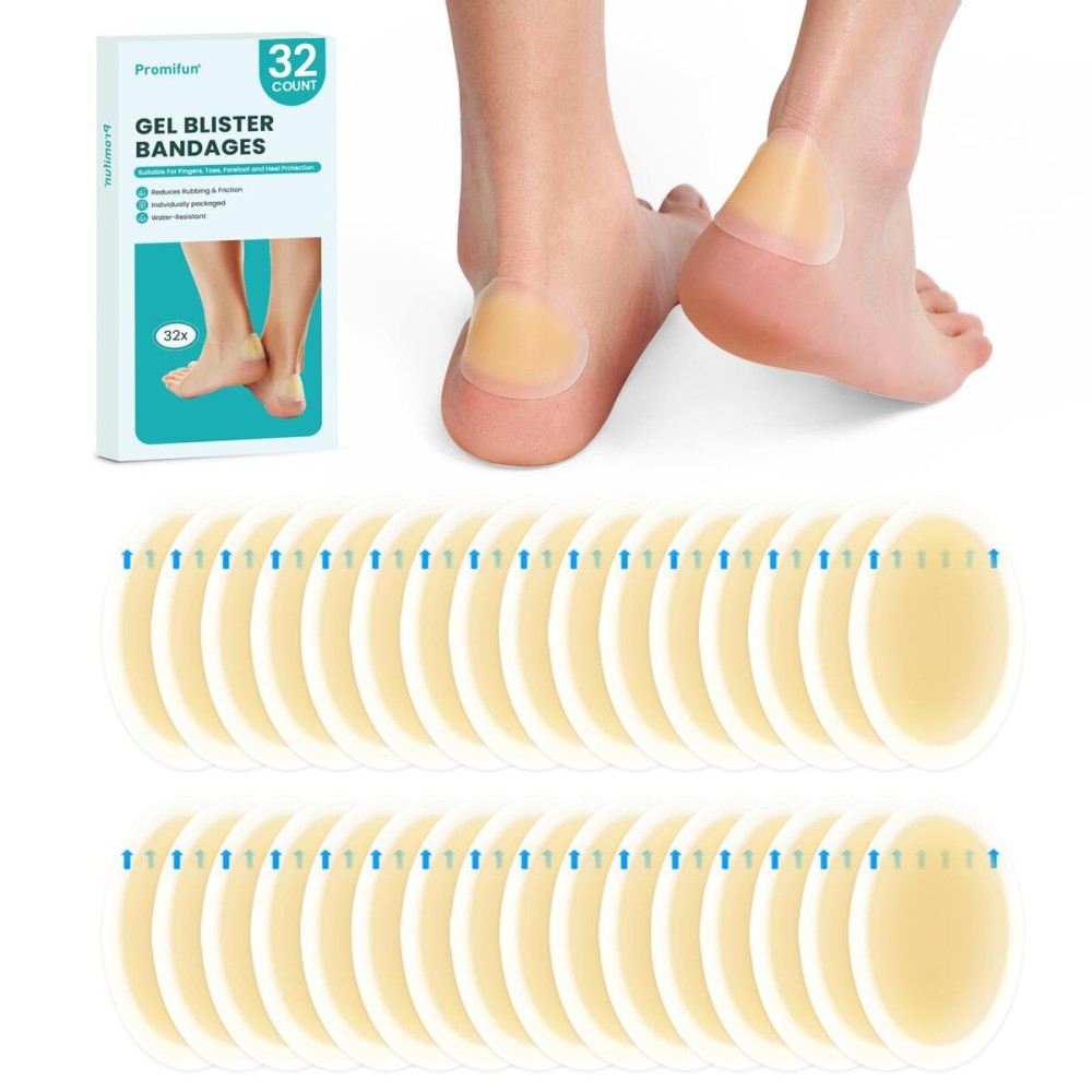 Promifun Waterproof Hydrocolloid Gel Blister Bandages - Pads for Heel, Foot, Toe & Feet - Gel Blister Cushions for Prevention & Recovery (32ct, Heel Pack)