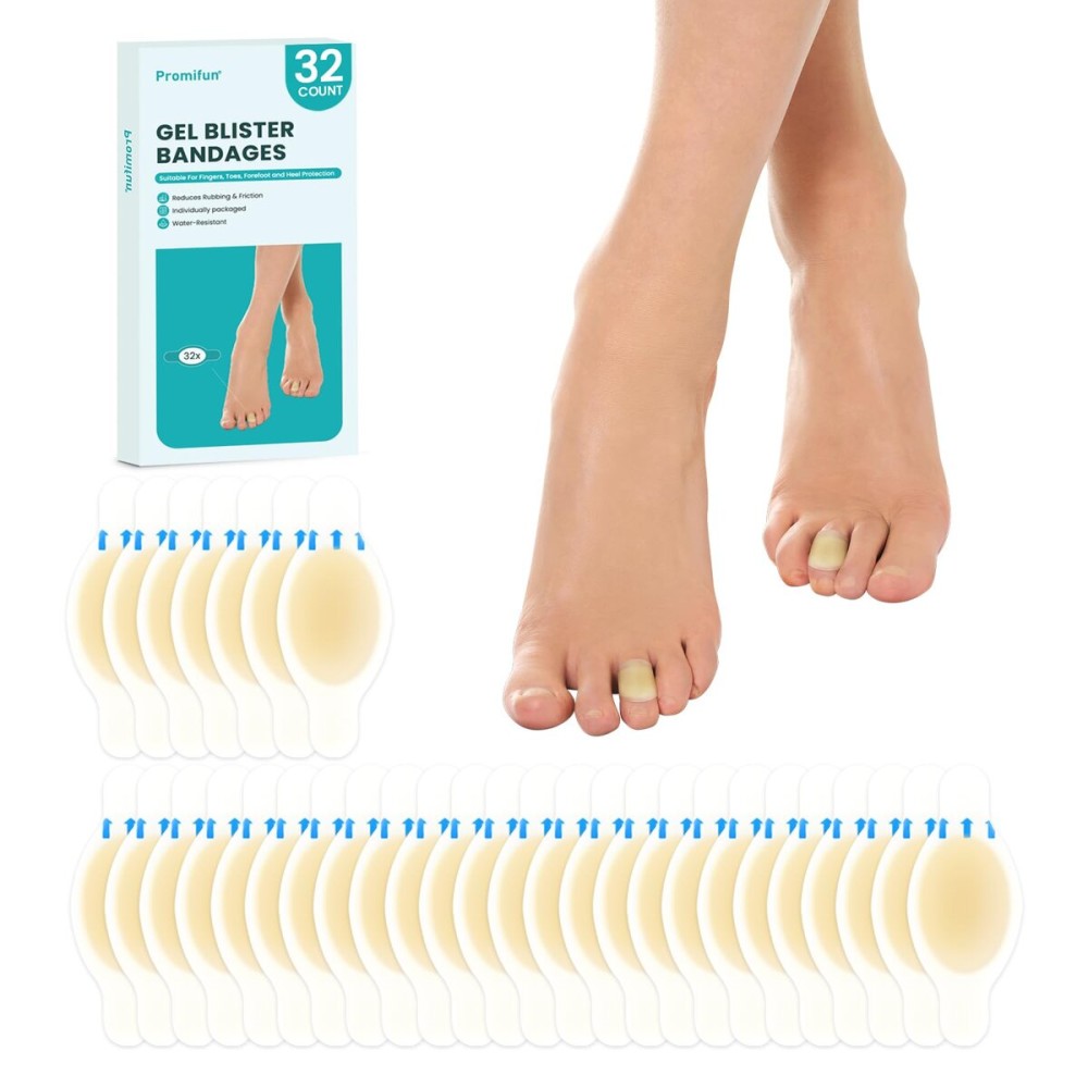 Hydrocolloid Gel Blister Bandages Pads - Promifun Waterproof Adhesive Blisters Bandages - Blister Pads for Heel, Foot, Toe, Feet - Gel Blister Chshions for Prevention & Recovery (32ct,Toe Pack)