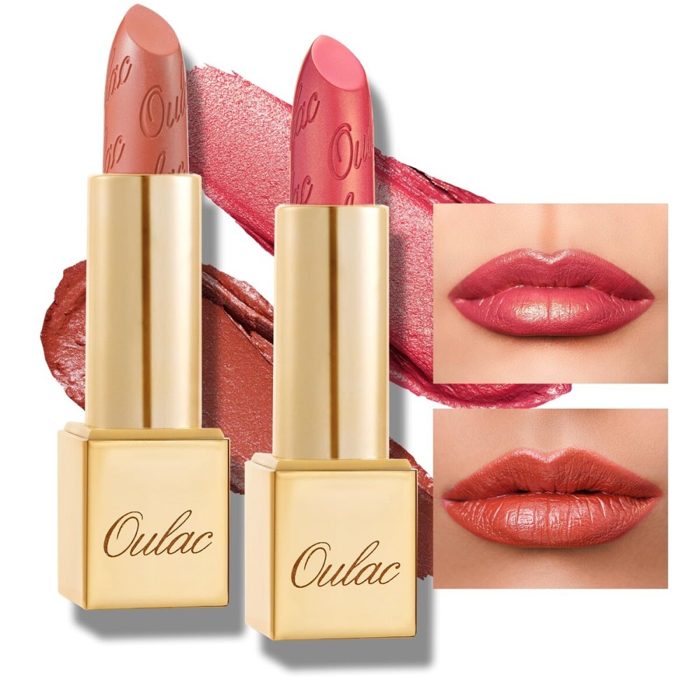 Oulac Metallic Orange & Coral Pink Lipstick Set - 2PCS Vegan Lightweight Hydrating Formula with High Impact Lip Color for Full Coverage Lip Makeup, Christmas Gifts for Women, 05+25
