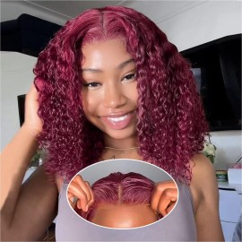 Ailwelia Curly Bob Wig Human Hair Deep Wave 200% Density 5x5 HD Lace Closure Wigs Human Hair Bob Wigs For Black Women Wear And Go Glueless Curly Wig Burgundy Color 14 Inch
