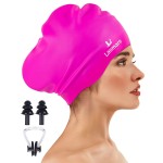 Large Long Hair Swim Cap with Extra Room for Women Men, Silicone Swimming Cap for Long Thick Hair with Ear Plugs Nose Clip Set, Adult Waterproof Swim Hats Bathing Caps to Keep Hair Dry(Rose Red)
