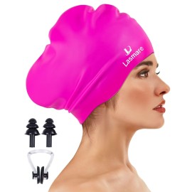 Large Long Hair Swim Cap with Extra Room for Women Men, Silicone Swimming Cap for Long Thick Hair with Ear Plugs Nose Clip Set, Adult Waterproof Swim Hats Bathing Caps to Keep Hair Dry(Rose Red)