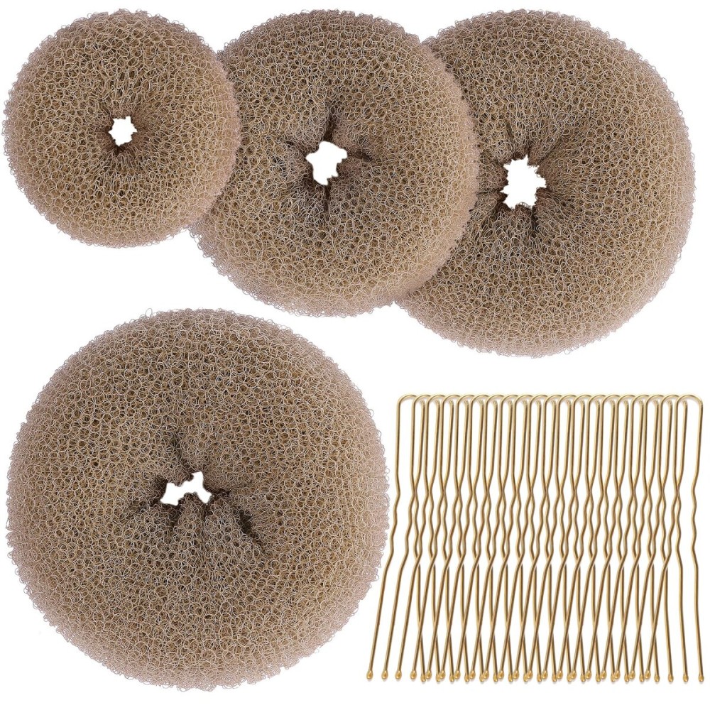 Teenitor Hair Bun Shaper Set, 4pcs Hair Donut Bun Maker(Extra-large, Large, Medium, Small) with 20pcs Large Bobby Pins, Tan Brown