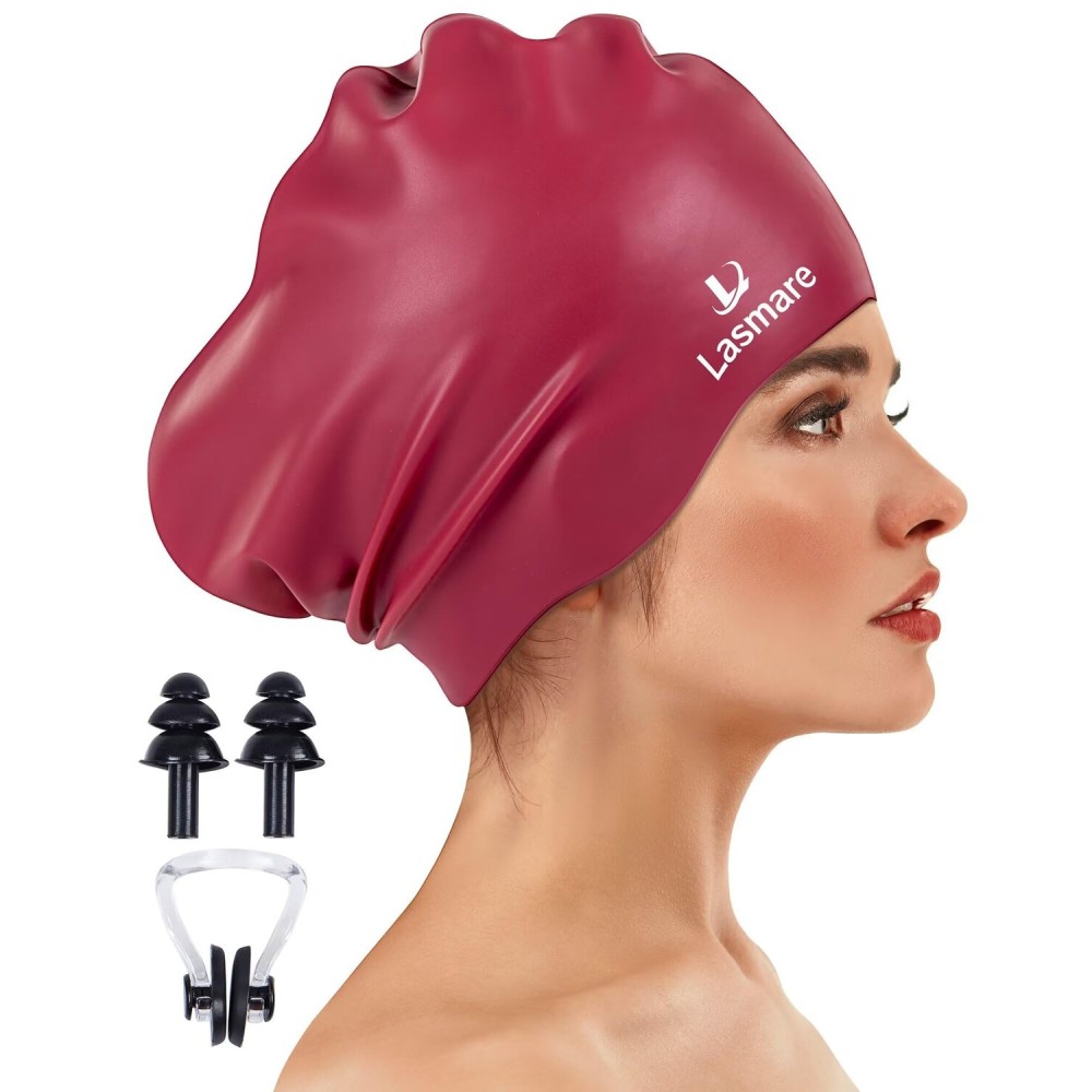 Large Long Hair Swim Cap with Extra Room for Women Men, Silicone Swimming Cap for Long Thick Hair with Ear Plugs Nose Clip Set, Adult Waterproof Swim Hats Bathing Caps to Keep Hair Dry(Burgundy)