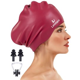 Large Long Hair Swim Cap with Extra Room for Women Men, Silicone Swimming Cap for Long Thick Hair with Ear Plugs Nose Clip Set, Adult Waterproof Swim Hats Bathing Caps to Keep Hair Dry(Burgundy)